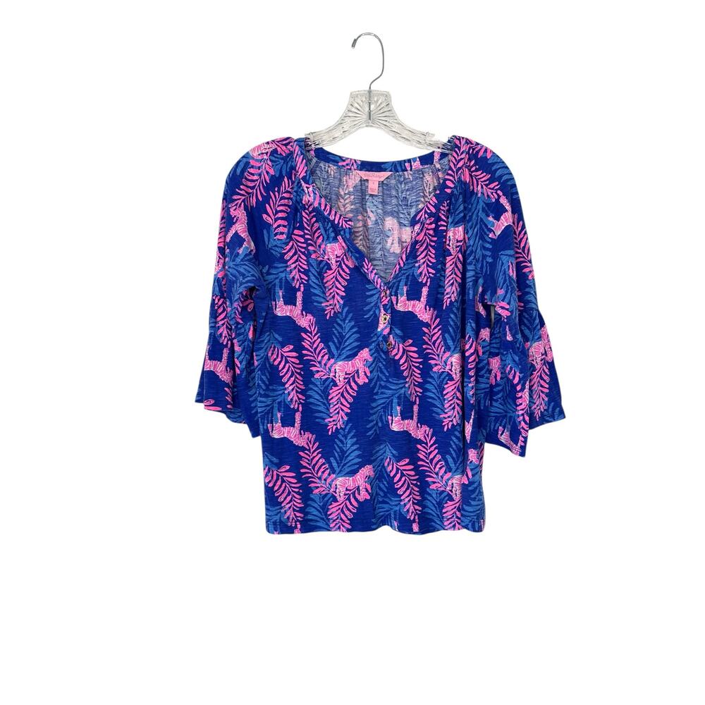Lilly Pulitzer Teigen Blouse Blue Pink Zebra Print 3/4 Sleeve Cotton Shirt Small